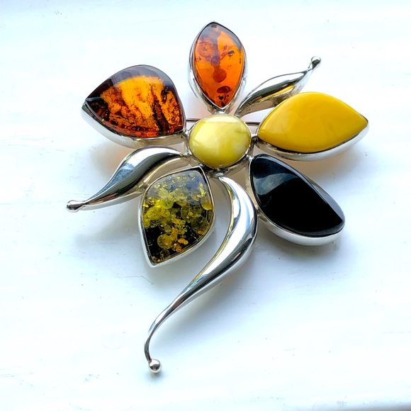 Large Amber 925 Silver Brooch/Pendant flower shaped